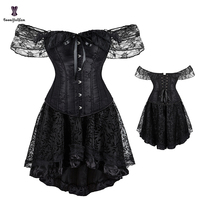 14 Glue Boned Plus Size Lace Halloween Cosplay Black Overbust Korsett Women Victorian Corset Top Gothic Skirt Set Shapewear