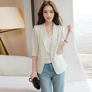 Yellow Linen Blazer For Women Short Sleeve Solid Color Spring Summer Casual Wear Slim Fit With Pocket - Product Image 2