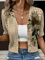 Cardigan en maille beige à motif feuilles pour femme, collection été 2026, col en V, pull ajouré pointelle, 100 % polyester, imprimé botanique, coupe courte