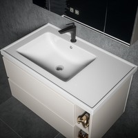 Rak Dinding Kamar Mandi Modern Warna Putih dengan Wastafel Persegi Panjang, Kabinet Cermin LED, Penyimpanan Tersembunyi, dan Dua Laci Soft Close