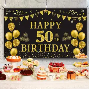 Happy Birthday Backdrop Banner Large Black And Gold Sign Birthday Party Decorations Indoor Outdoor For Children Men Women