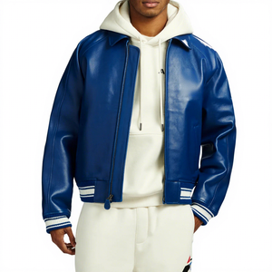 Veste en cuir véritable bleue pour homme, col rabattu, fermeture éclair, décontractée, hiver, imperméable, respirante, écologique, coupe-vent - Product Image 1