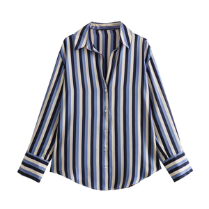 <span class=keywords><strong>Top</strong></span> Casual da Donna con Stampa a Righe, Maniche Lunghe, Bottoni e Colletto Rovesciato - Product Image 1