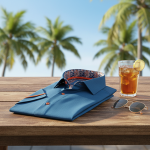 Camisa de pierna corta para hombre, camisa azul, naranja, flor, cuello - Product Image 3