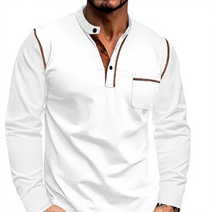 Camiseta Blanca de Manga Larga para Hombre, Cuello Alto, Corte Ajustado, Ribete en Contraste, Camisa Casual de Algodón Tejido, Diseño Liso, Bangladesh - Product Image 2