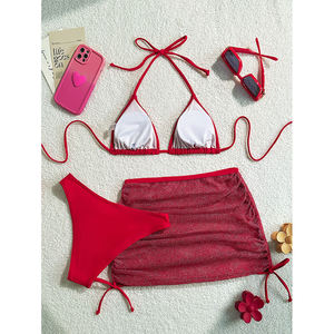 Conjunto de Bikini Triangular Rojo de 3 Piezas para Mujer con Pareo de Malla y Lazos Laterales, Traje de Baño para Playa de Verano - Product Image 5