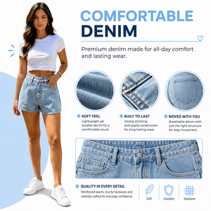 Shorts Bermuda de Mezclilla Azul Claro de Cintura Alta, Cinco Bolsillos, Cierre de Botones, Estilo Casual, Lavado a la Piedra, de Algodón para Mujer - Product Image 6
