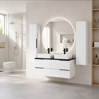 Set Meja Rias Kamar Mandi Gaya Nordic Modern Putih dengan Wastafel Ganda, Kabinet Gantung, Cermin Bulat LED, dan Kabinet Samping