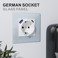 Prise murale élégante et brillante en verre trempé, norme européenne, prise allemande Schuko 16A 250V avec ports USB de charge rapide PD20W