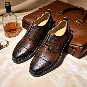 Chaussures Derby Classiques Marron Premium Effet Peau de Serpent pour Hommes, Chaussures Habillées Formelles à Bout Cap-Toe et Lacets, Chaussures Habillées à Bout Rond et Semelle Épaisse - Product Image 1