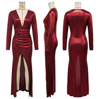 Robe de soirée longue métallisée brillante à manches longues pour femme, col en V profond, fente latérale froncée, moulante, pour occasions formelles