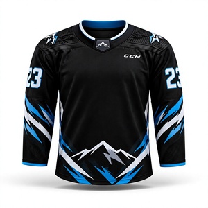 Jersey de Hockey sobre Hielo para Hombre, Cuello en V, Manga Larga, Negro, Azul Montaña, Sublimado, Malla Transpirable, 100% Poliéster, Diseño Personalizable - Product Image 3