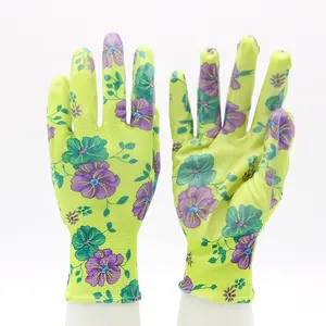 Customized logo polyester liner nitrile work garden gloves yellow waterproof ladies floral nitrile coating garden gloves