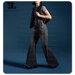 Larsur tùy chỉnh nhà máy phụ nữ đau khổ rửa bùng jeans Y2K eo cao đẩy lên ren lên cạnh thô bootcut bùng denim quần phụ nữ - Product Image 5