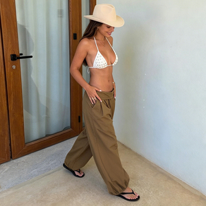 Pantalon d'été décontracté pour femme, taille basse, coupe large, en toile respirante, avec ceinture élastique, couleur unie, coupe ample, ourlet élastique tissé - Product Image 3