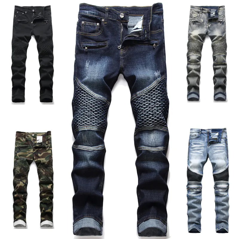 2022 Jeans für Männer Qualität Punk England Elastic Camouflage Fold Knie dicke Hosen Herren High Street Biker Balman Jeans Slim