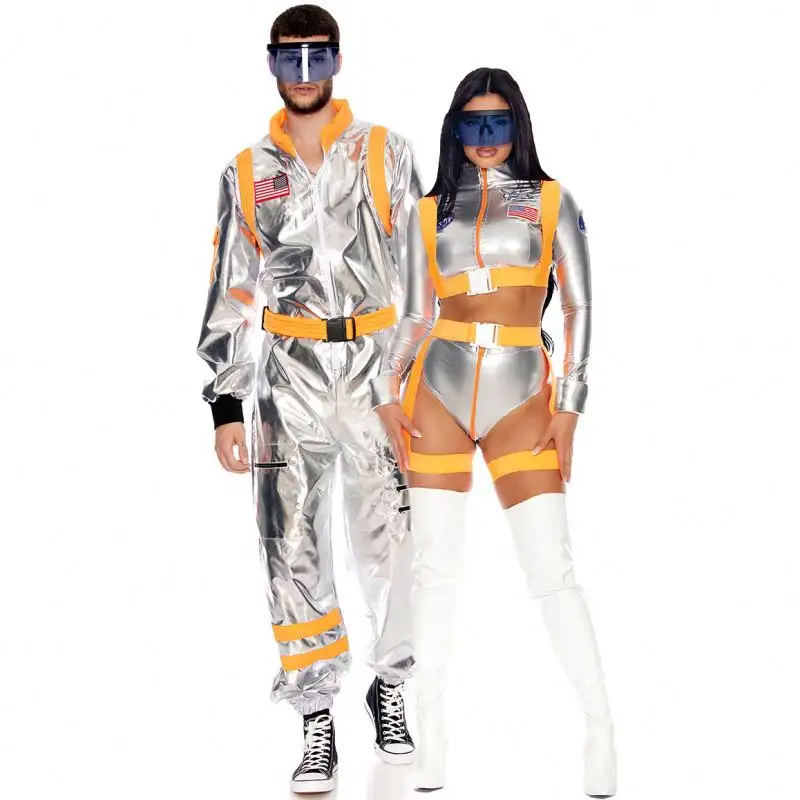 Nouveau modèle hommes et femmes astronautes Costumes bordure jaune Halloween terre errante COS espace Costume Costume une pièce uniforme