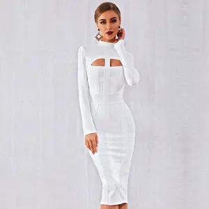 Sıcak satış parti elbise beyaz uzun kollu Bodycon seksi fermuarlı çiy göğüs gece elbisesi kadın kulübü
