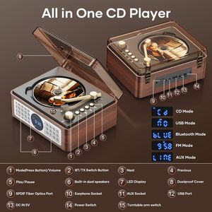 Lecteur <span class=keywords><strong>CD</strong></span> portable pour enceintes avec radio FM, télécommande, USB/AUX/Type-C, design rétro pour la maison et les enfants, marron - Product Image 6