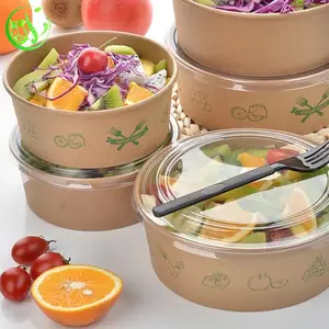 Mangkuk Kertas Pembungkus Makanan Sekali Pakai Mangkuk Salad Kraft Tahan Air dengan Tutup