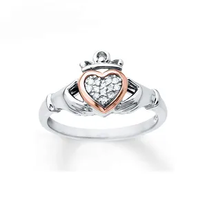 高品质爱尔兰凯尔特克拉丁戒指纯银925手握皇冠和心形玫瑰金戒指女士