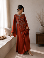 Gaun Muslim Satin Premium Berhias Kristal Butik, Kaftan Elegan Butik Dubai untuk Wanita