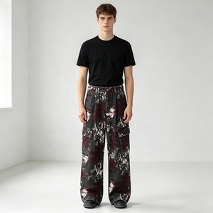 Pantalon cargo pour homme à taille haute et jambe large, motif tie-dye, plusieurs poches, imprimé numérique, style workwear, respirant, 100% coton, automne - Product Image 3