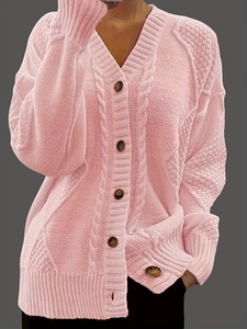 Damen Strickjacke mit V-Ausschnitt, Dreiviertelärmeln, Knöpfen, lockerer Passform, dickem Strick, Taschen, lässig, Oversize, 100% Acryl, Vintage - Product Image 4