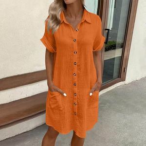 <span class=keywords><strong>Abito</strong></span> chemisier estivo da donna casual 100% cotone, vestito <span class=keywords><strong>midi</strong></span> ampio con bottoni e maniche corte, con tasche, per vacanze e spiaggia, all'ingrosso - Product Image 4