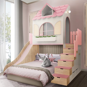 Solo para Empresas MOQ 50 Cama Alta Tipo Casita para Niña Color Rosa con Tobogán Almacenamiento y <span class=keywords><strong>Escaleras</strong></span> de MDF Contrachapado para Dormitorios Infantiles - Product Image 2