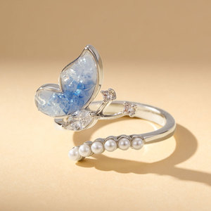 <b>Crystal</b> Butterfly Open <b>Ring</b> Lake Blue Adjustable Index Finger <b>Ring</b> For Women Everyday Wear - Product Image 1