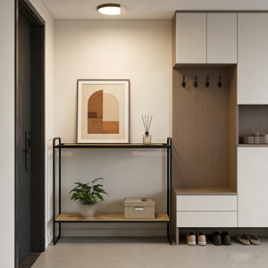 Table <span class=keywords><strong>console</strong></span> moderne à 2 niveaux en bois avec cadre en métal noir et décoration en fil métallique pour salon, entrée, couloir, utilisation en meubles de maison - Product Image 5