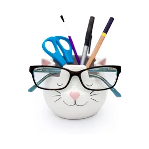 Beyaz kedi seramik güneş gözlüğü ve gözlük gözlük kalem kalemlik standı masa düzenleyici aksesuarları