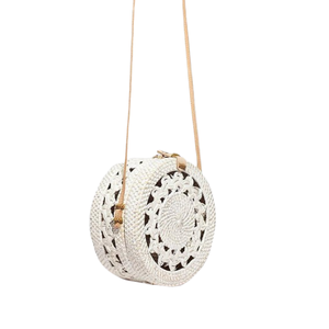 Sac à main rond en rotin naturel tissé à la main sangles en cuir gland décoration à la mode fermeture à glissière Portable sac à main doublure en Polyester - Product Image 3