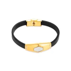 Fashion Waterproof Men's Jewelry Stainless Steel 18K Gold Plated Minimalist German Style Leather Bracelet