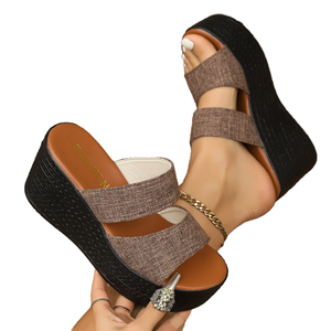 Sandales compensées à plateforme pour femme, été 2025, style européen et américain, à enfiler, bout rond, semelle épaisse, grandes tailles, pour l'extérieur - Product Image 1