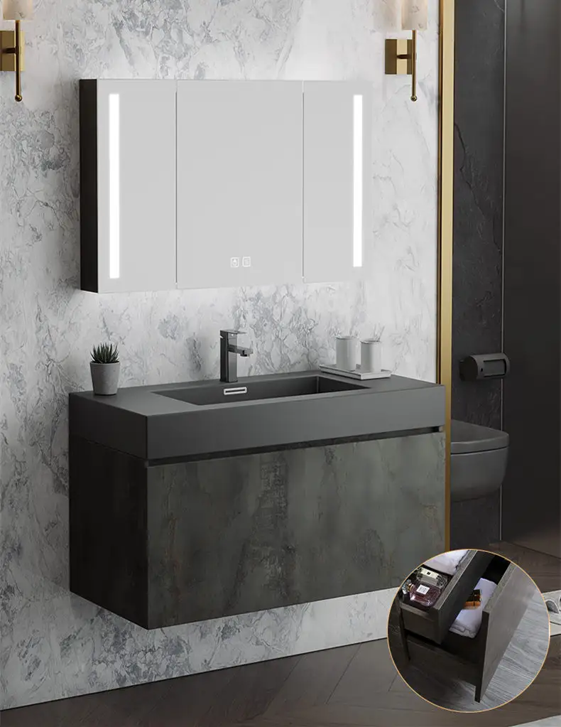 Hot sale customized home furniture black bathroom LED mirror cabinet