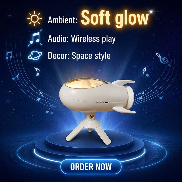Creative Rocket Shape Night Light Speaker, Warm White & Breathing Light Mode, USB Rechargeable Wireless LED Lamp for Bedroom