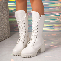 Bottes blanches à lacets pour femmes, à talon épais, bout rond, semelle à crampons, mi-mollet, style gothique punk
