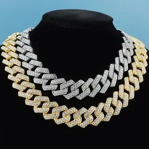 전체 모조 다이아몬드 쿠바 체인 두꺼운 조수 브랜드 개인화 된 힙합 20mm 다이아몬드 두 줄. collier acier inoxydable bijoux