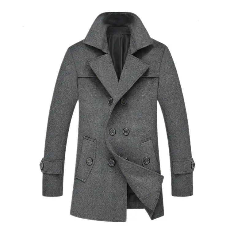 Plus Size Wool Blended Winter Trench Coat Men Double-breasted Vintage Thick Keep Warm Woolen Winter Jacket Gray