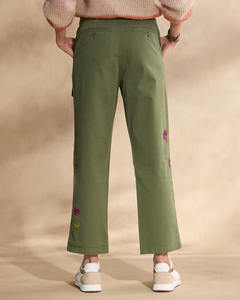 Pantalones Cargo Casuales de Algodón con Bordado Floral para Mujer, Corte Recto, Talle Alto Regular, Color Verde, Frente Plano - Product Image 3