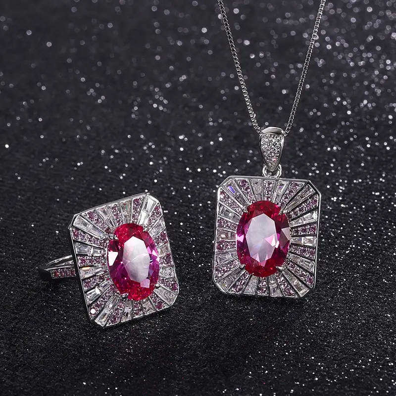 Vintage 10*14MM Ruby Rings Lab Gemstone Pendant Necklace Wedding Party Jewelry Sets Gift for Girlfriend Accessories Wholesale