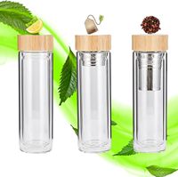 Botella de Agua con Infusor de Té de Vidrio de Borosilicato de Doble Pared y Aislamiento de 500 ml, Tapa de Bambú, Termo de Vidrio para Viajes