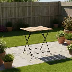 Acacia Wood Folding Bistro <b>Table</b> With Black Steel Frame Outdoor Use Minimalist Design - Product Image 2