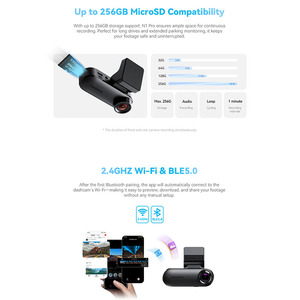กล้องติดรถยนต์ DDPAI N1 Pro แบบเลนส์คู่ ความละเอียด 2K ด้านหน้า 1K ด้านหลัง พร้อมระบบ NightVIS มุมมองภาพ 125 องศา รูรับแสง F2.0 - Product Image 5