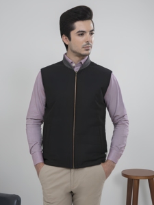 <b>Men's</b> <b>Black</b> Stand Collar <b>Vest</b> Zipper Closure Windproof Casual Outerwear Regular Length Polyester Solid Color - Product Image 1