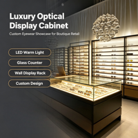 Vitrine optique LED de luxe en verre trempé, présentoir à lunettes personnalisé en bois pour opticien de boutique