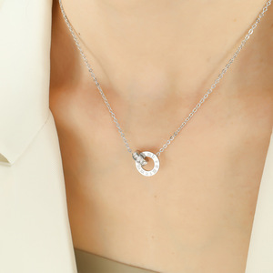 European Style Roman Numeral Double Ring Necklace 18K Gold Plated <b>Titanium</b> Steel Jewelry Gift for Women Geometric Design - Product Image 3