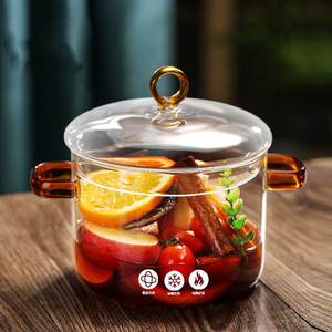 Casserole <span class=keywords><strong>en</strong></span> <span class=keywords><strong>verre</strong></span> borosilicate de haute qualité avec couvercle, poignée ambrée, écologique, faite à la main, résistante à la chaleur, compatible four et micro-ondes, tous types de cuisinières - Product Image 1